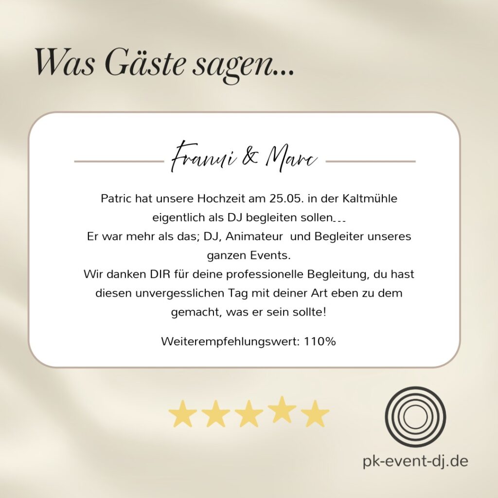 Hochzeitsbewertung von Franzi und Marc für PK Event DJ