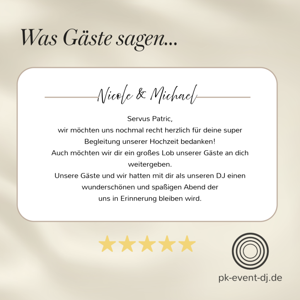 Hochzeitsbewertung von Nicole und Michael für PK Event DJ